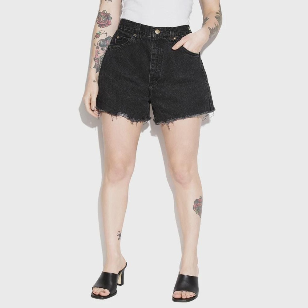 Vintage Black Denim Cut Offs Womens 6 Riders Shorts 90s High Rise Fringed Hem